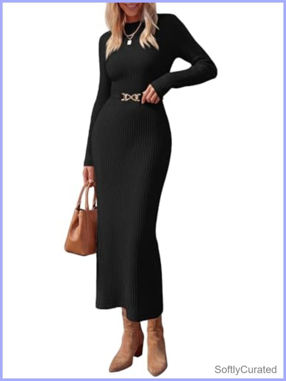 Ribbed Knit Long Sleeve Bodycon Maxi Sweater Dress with Belt